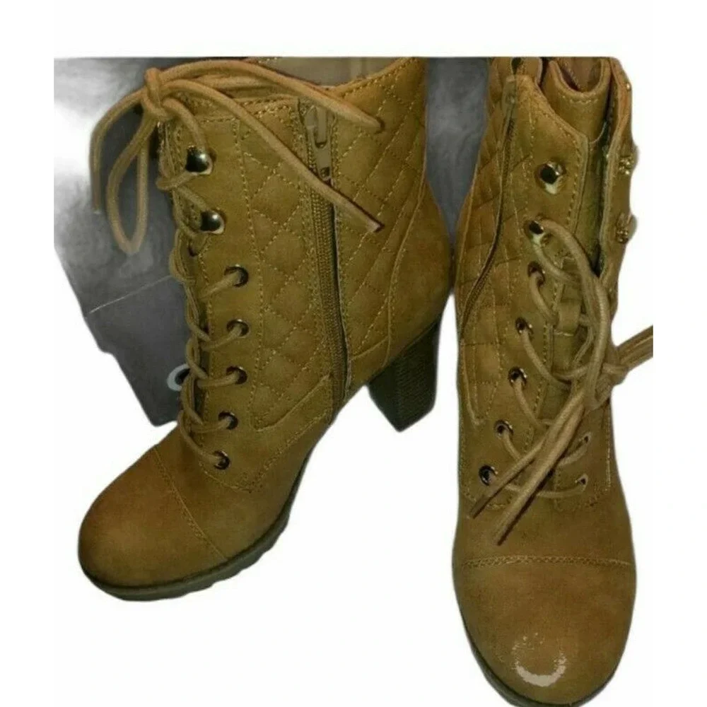 -■FLAWED■G by Guess Lace Up Heeled Zip Up Women's Combat Boots in Yam Siz… - Picture 2 of 4